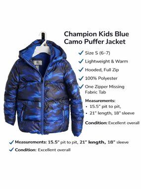 Champion Blue Camo Puffer Jacket Size S (6-7) Hooded Winter Coat